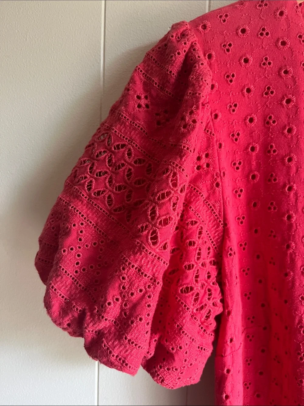 Free People Apricot Rose Watermelon Spritz Eyelet Puff-Sleeve Mini Dress Sz M